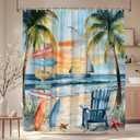 Tropical Ocean Beach Shower Curtain Sea Sunset Palm Tree Starfish Surfboard Coastal Nautical Sailboat Seagull Watercolor Seaside Scenery Bathroom Decor Polyester Curtains with Hooks,70Wx70L
