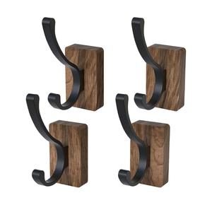 4 PCS Black Walnut Wood Wall Hooks Adhesive Mounted & Wall Mounted Rustic Decorative Entryway Hooks Mid Century Modern Natural Wooden Pegs for Hanging Coat Clothes Hat Bag Purse and Towel