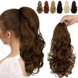 FELENDY Ponytail Extension, 15" Drawstring Ponytail Hair Extensions Long Wavy Curly Clip in Pony Tails Hairpiece for Daily Use Synthetic Light Chestnut Brown