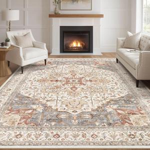 Tortania Area Rug Living Room Rugs - 9x12 Washable Boho Rug Vintage Oriental Distressed Farmhouse Large Thin Indoor Carpet for Living Room Bedroom Under Dining Table Home Office - Orange Multi