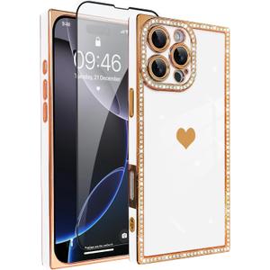 for iPhone 16 Pro Max Case Cute Love Heart Plating for Women, with Screen Protector, Glitter Sparkle Rhinestone Diamond Border Design Slim Rectangle Wireless Protection Case Cover, White