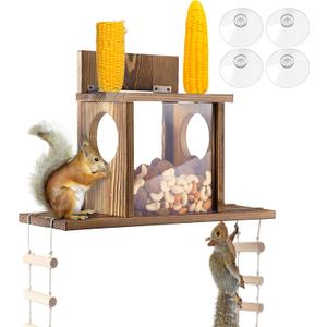 Enhon Wood Squirrel Feeder for Outside, Window Squirrel Feeder with Transparent Viewing, Ladders & Removable Front Panel, Funny Durable Carbonized Wooden Feeding Picnic Table for Chipmunk Peanut Corn