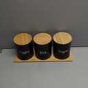 Coffee Tea Sugar Container Set with Tray, Set of 3 Airtight Metal Canister with Bamboo Lids, Farmhouse Kitchen Counter Organizer for Coffee Bar and Drink Station (Black)