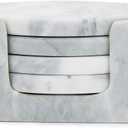 Fox Run Natural Polished Marble Coasters, Set of 4 White Coasters With Holder