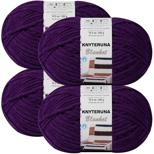 Knyteruna #6 Super Bulky Blanket Yarn for Crocheting - 4 Skeins(Each 10.5oz/300g, 220yds/201m), Chunky Chenille Thick Plush Big Soft Yarn for Crocheting Knitting Blankets, Dark Purple