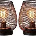 DECORKEY Set of 2 Battery Operated Lamp LED Table Lantern, Brown Metal Cage Cordless Lamps with LED Bulb，Vintage Decorative Outdoor Lantern for Weddings, Parties, Patio, Events for Indoors Shelf Decor