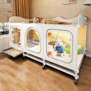 VNE Rabbit Cage with Storage Shelf & Wheels, Bunny Cage Indoor | Storage Shelf, Wheels, Transparent Door, Pull-Out Tray