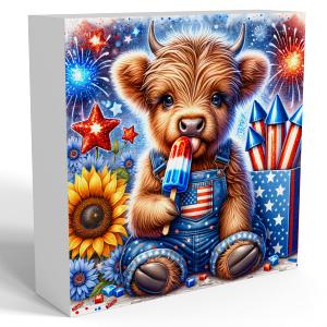 4th of July Highland Cow Decorations, Independence Day Patriotic Decorations, Memorial Day Decor, Red White And Blue Decor, Wooden Box Sign for Office Desk Home Bedroom Table Living Room