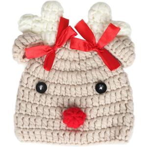 Ypser Infant Baby Knitted Beanie Photo Prop Crochet Knit Cap Christmas Cap Deer Hat with Bow (One Size, Beige(0-3 Months))