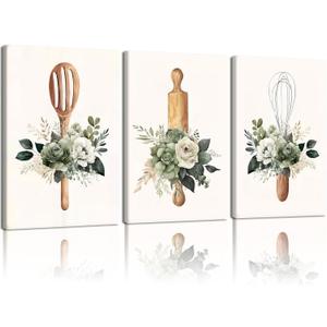 Doqueodas 3pcs Sage Green Plant and Flower Kitchen Canvas Framed Wall Art, Farmhouse Countryside Cooking Utensils Painting Picture Print Poster Can Be Hanged Directly Restaurant Wall Decor 12x16 inch