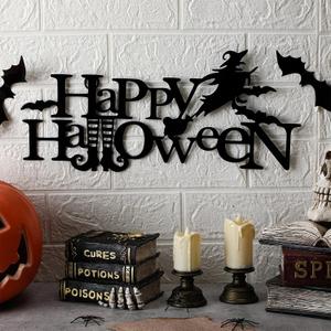 Halloween Decorations Happy Halloween Metal Sign Gothic Wall Decor with Bats and Witches Decor Black Hanging Yard Sign Metal Word Wall Art for Front Door Window Haunted House, 15.7 Inch