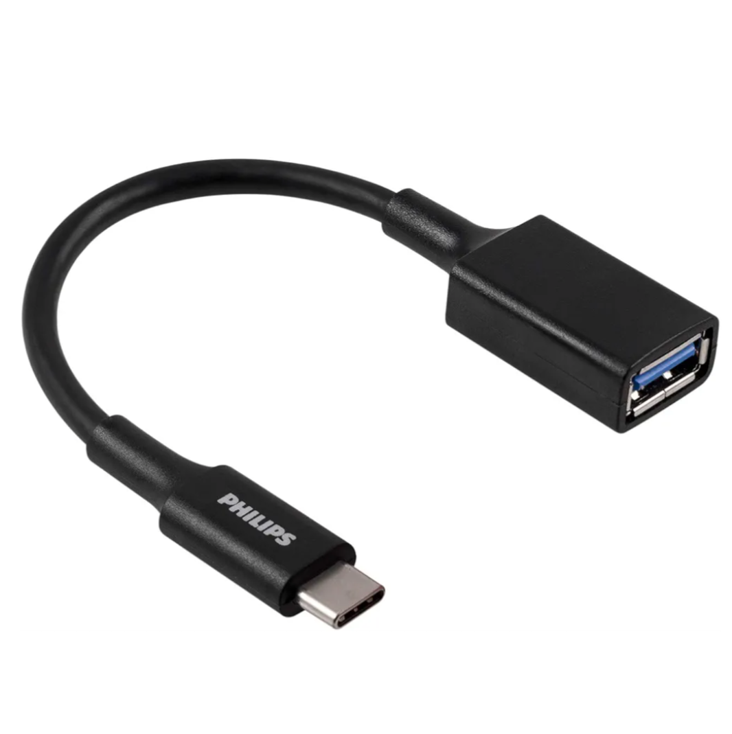 Philips 6" USB-C to USB-A 3.1 Female Adapter, USB-A 3.0 Port, 5 Gbps Transfer Speed, 15W Charging, for Samsung Galaxy S21/S10/S9/Plus, Google Pixel 5/C/3/2/XL, iPad Pro, Black