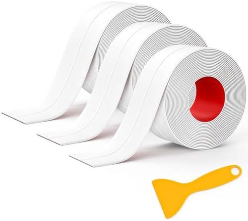 Mokani Caulk Tape Waterproof Self Adhesive, 3 Rolls White Caulking Sealant Strip for Kitchen, Countertop, Bathroom, Bathtub, Toilet Base, Floor Wall Edge Protector with Sealing Tool (1.5" x 10.5Ft)