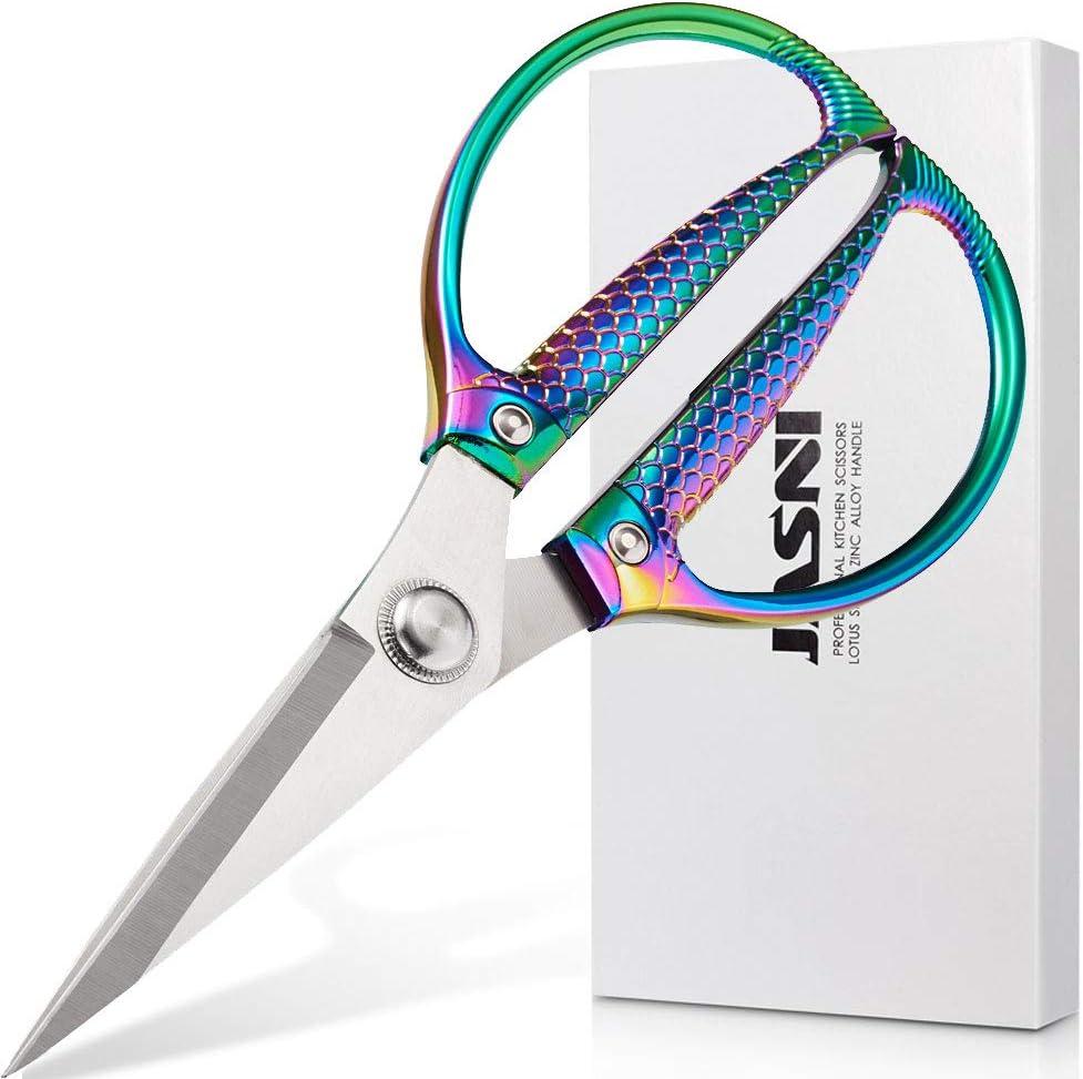 Jasni Stainless Steel Heavy Duty kitchen shears scissors for food meat poultry cooking cutting sharp Powerful strong professional All-Purpose pretty Color rainbow iridescent Titanium utility Office