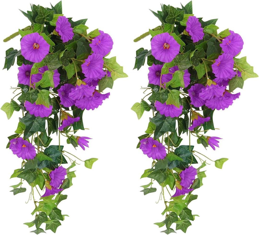 RECUTMS Artificial Fake Hanging Flowers Plants for Outdoor Decoration, 2 Pcs UV Resistant Faux Petunias Trailing Plants Realistic Flower Look Real for Door Wall Yard Porch Garden Planter (Fuchsia)
