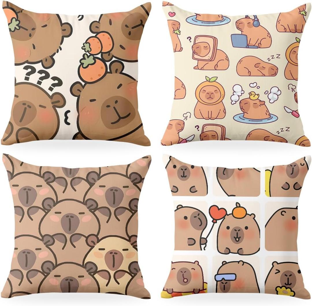 4 PCs Pillow Covers 18x18, Capybara Throw Pillow Covers, Capybara Gifts, Pillow Cases Capybara Stuff Decorative Pillow Protectors Living Room Nursery Playroom Home Decor for Cushion Car Bed (Polychromatic1228)