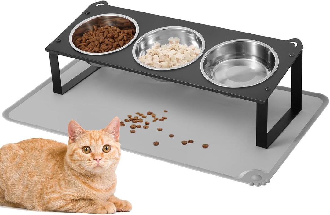 Elevated Cat Bowls with Food Mat, 10Tilted Non-Slip Raised Cat Food Water Bowls Set, 3 Thick Stainless Steel Pets Dishes with Cute Metal Feeding Stand for Indoor Kitten Puppy, Anti-Vomiting