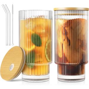 16OZ Glass Cups with Lids and Straws, Vintage Glassware for Whiskey Cocktail Beer, Iced Coffee Cups with Lid, Glass Tumbler with Straw and Lid (2 PACK) (2 Glasses + 2 Lids + 2 Straws)
