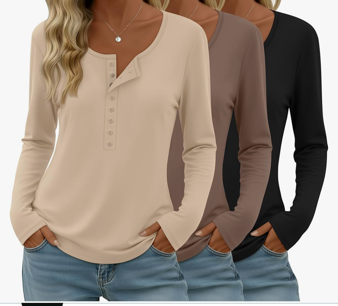 3 Pack Women's Long Sleeve Henley Shirts Button U Neck Tops Casual Layering Tee Blouse 2025 Fall Trendy T-Shirts, Count of 3, Size Medium