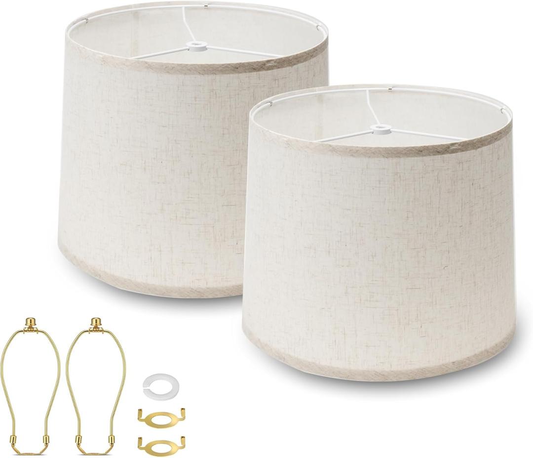 2 Pack Lamp Shades Boho Vintage Style Lamp Shade Set of 2 Natural Linen Made Drum Lamp Shades Barrel Round Lamp Cover for Table Lamps/Floor Lamps Replacement(Beige)