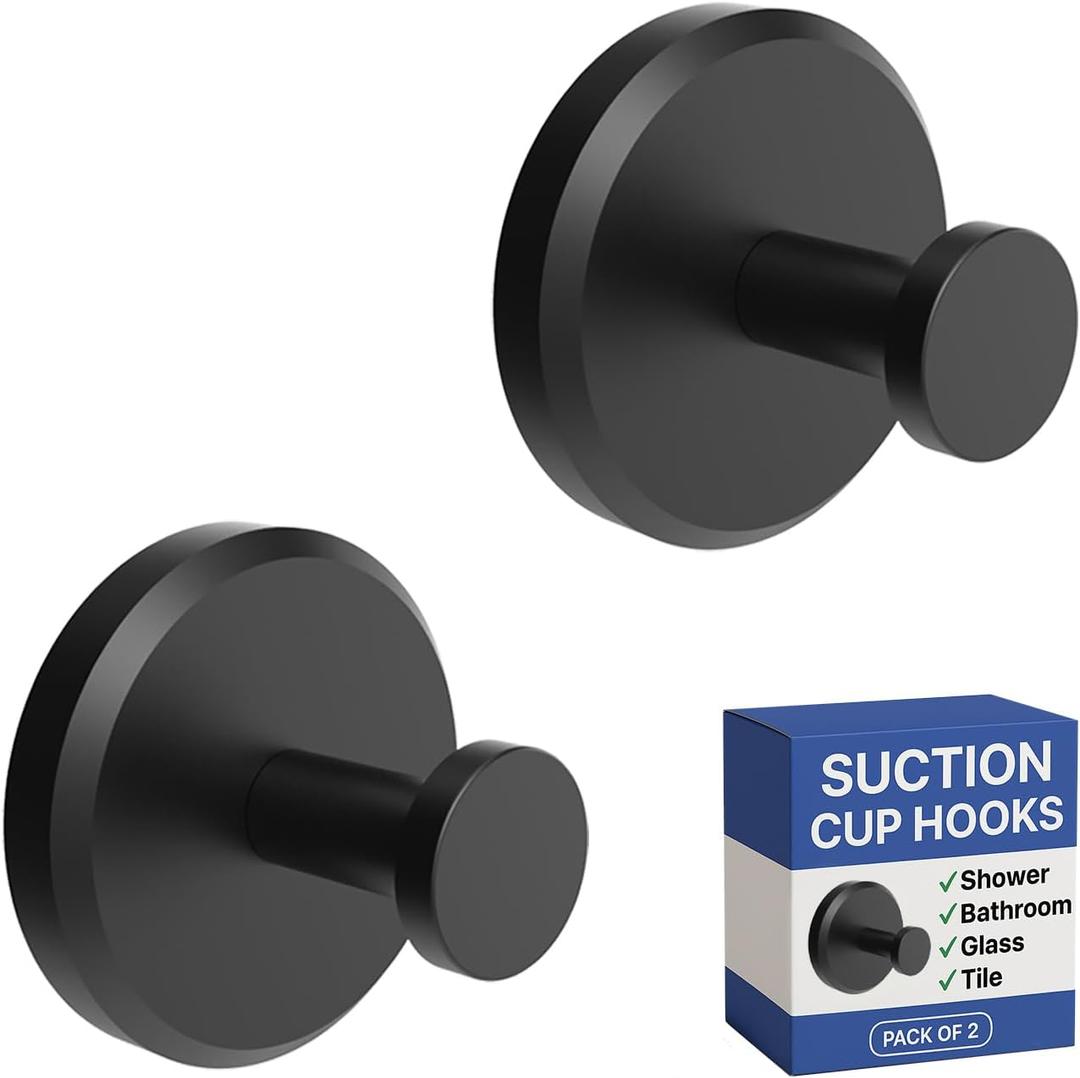 HOME SO Suction Cup Hooks for Shower, Bathroom, Kitchen, Glass Door, Mirror, Tile  Loofah, Towel, Coat, Bath Robe Hook Holder for Hanging up to 15 lbs  Waterproof & Rustproof, Matte Black (2-Pack)