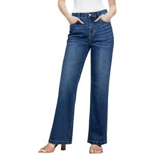 Sidefeel Women's Straight Leg Jeans High Waisted Stretchy Elastic Waist Trendy Wide Leg Denim Pants Dark Blue Size 14