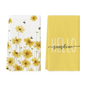 Artoid Mode Yellow Flowers Bee Hello Sunshine Spring Kitchen Towels Dish Towels, 18x26 Inch Summer Holiday Decoration Hand Towels Set of 2