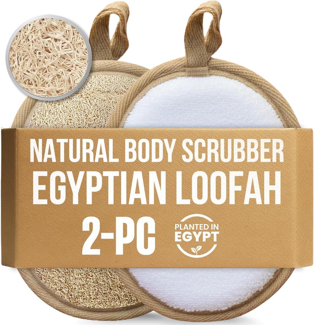CraftsOfEgypt Egyptian Natural Loofah Body Scrubber Pads, Double Sided Luffa Sponge for Women and Men, Deep Scrubbing Shower Face Back and Body, Loofa Luffah Exfoliation Pads 6.9x4.7 Inches, 2 Pack