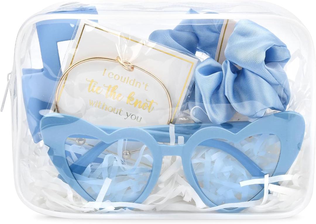 DEEKA 5 Pcs Bridesmaid Proposal Bag Set Gift Clear Makeup Toiletry Bag Bachelorette Party Favors Sunglasses Hair Claw Clips Scrunchies Knot Bracelets Bridal Wedding Party Gifts (Blue)