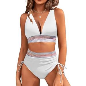 Uikue Women's Bikini Sets V Neck 2 Piece Swimsuits High Waisted Color Block Drawstring Bathing Suits Tummy Control Swimwear XL