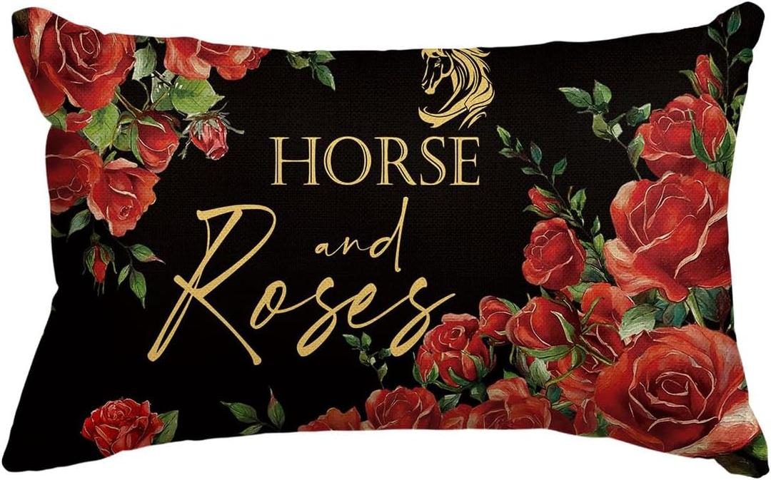 AVOIN colorlife Kentucky Hrose and Roses Throw Pillow Cover, 12 x 20 Inch Kentucky Race Sport Cushion Case Decoration for Indoor Outdoor
