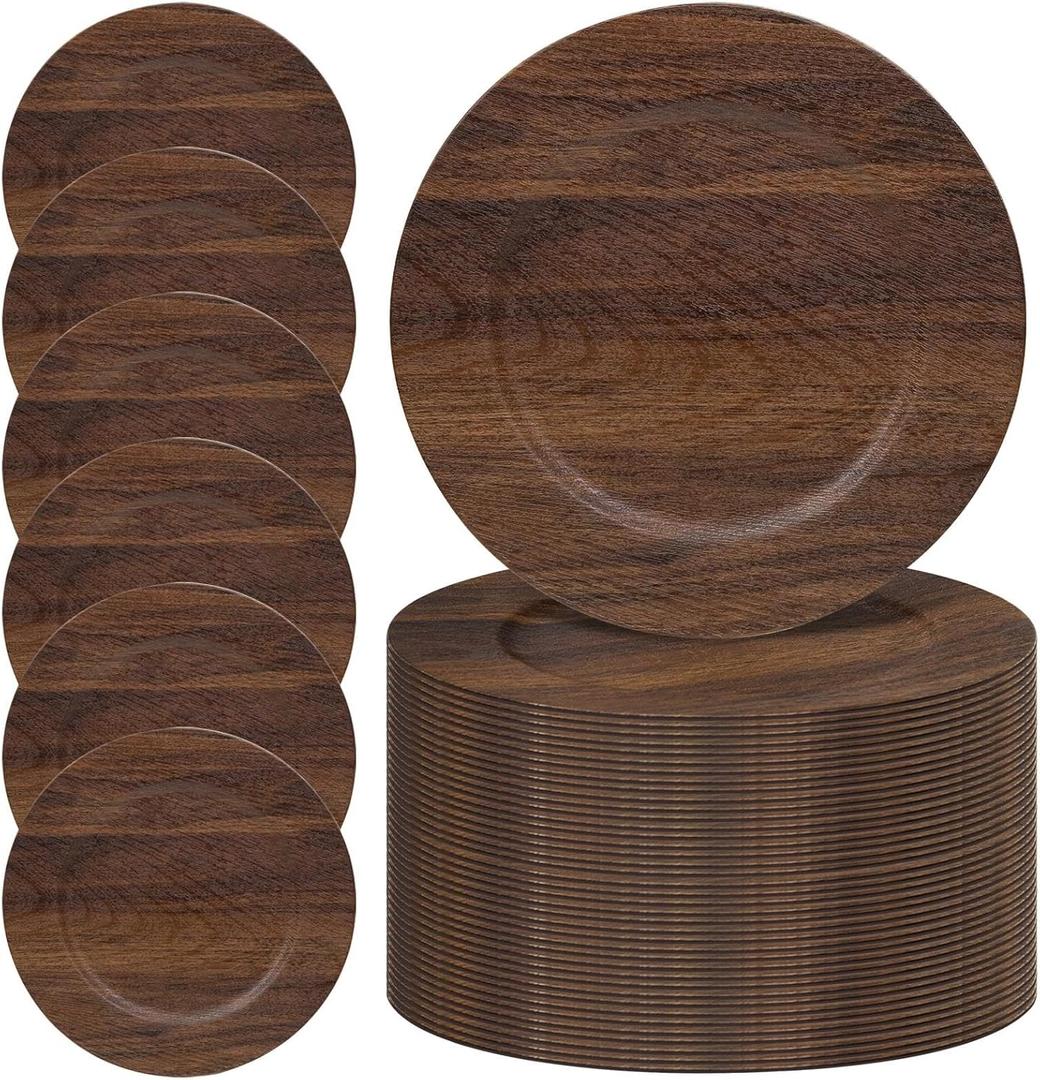 MAONAME 50 PC Charger Plates Bulk, 13" Brown Charger for Dinner Plates, Farmhouse Faux Wood Plate Chargers, Plastic Table Chargers for Weddings, Party
