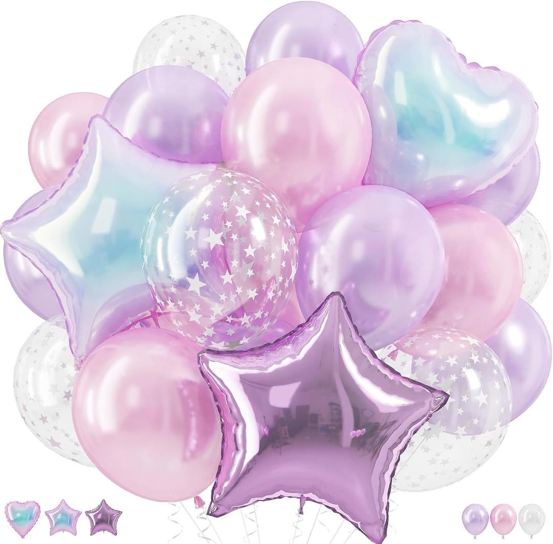 Pink and Purple Balloons, Pastel Pale Pink Light Purple Lilac Transparent Star Latex Balloon With Iridescent Heart Lavender Star Foil Balloons for Kpop Birthday Party Baby Shower Princess Decorations