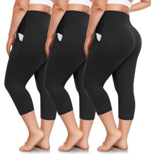 FULLSOFT 3 Pack Plus Size Capri Leggings with Pockets for Women -High Waist Stretchy 1X-4X Workout Yoga Pants (XX-Large, 01-black)
