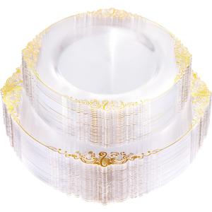 Nervure Clear & Gold 100PCS Heavyweight Disposable Plates - 50PCS 10.25" Dinner & 50PCS 7.5" Dessert for Christmas & Party