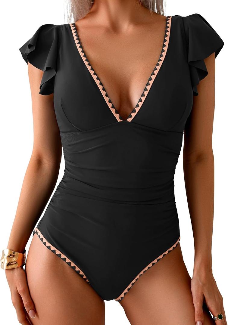Aidonger Women's One Piece Ruffle Swimsuit Tummy Control Bathing Suit V Neck Shell Stitched Swim Suit Slimming Swimwear (Black, L)