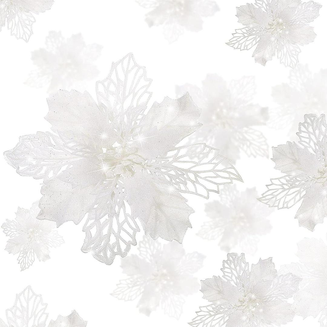 WILLBOND 36 Pieces White Christmas Poinsettia Flowers with Clips Glitter Christmas Tree Ornaments for Tree Artificial Poinsettia Flowers for Xmas Trees Wreath New Year Decoration