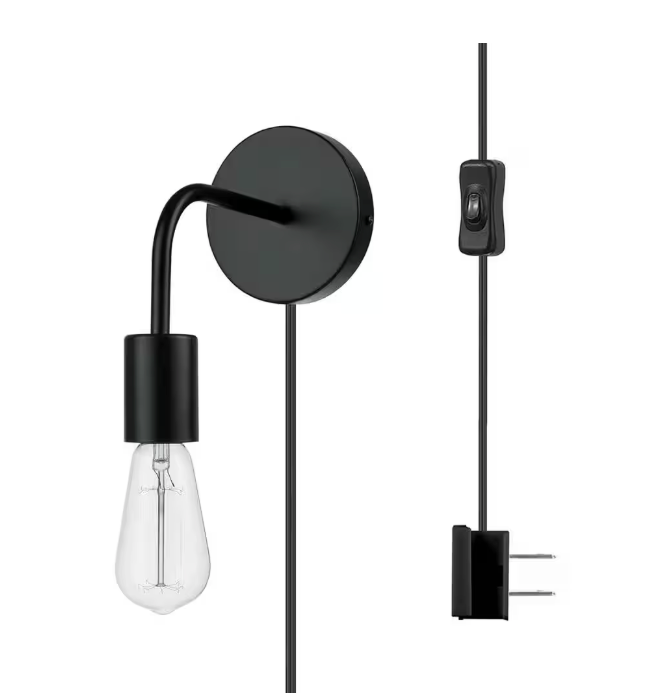 Holden 1-Light Matte Black Plug-In or Hardwire Wall Sconce with 6 ft. Cord
