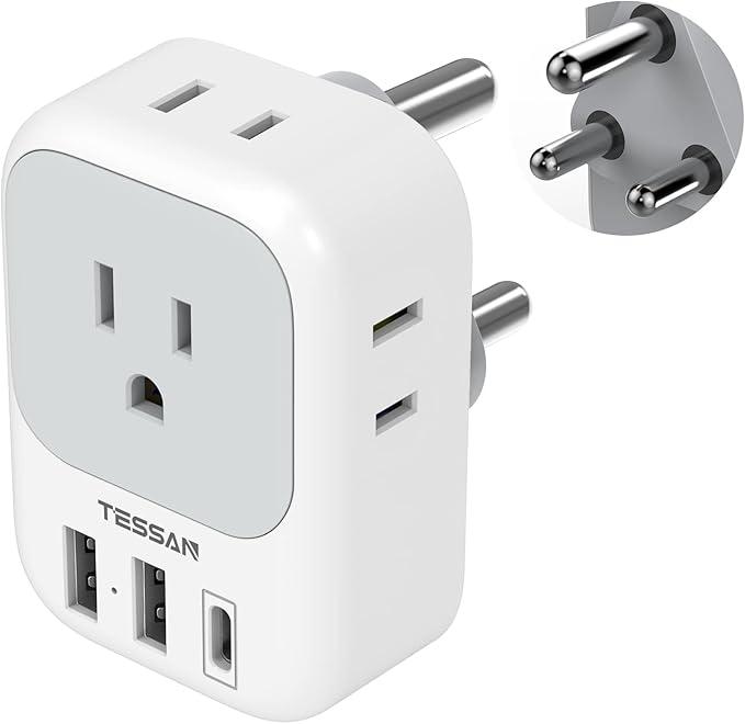 South Africa Plug Adapter 1 Pack, TESSAN Type M Power Adapter with 4 AC Outlets 3 USB Ports(1 USB C), Travel Adaptor US to Botswana Namibia Nepal Bhutan, T-Grey & White 