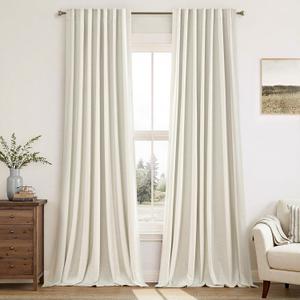 MIULEE Linen 100% Blackout Curtains 90 Inch Long 2 Panels, Back Tab Pleated Hook Belt Clip Rings Thermal Insulated Drapes for Bedroom Living Room Beige Natural Farmhouse Black Out Window Curtains