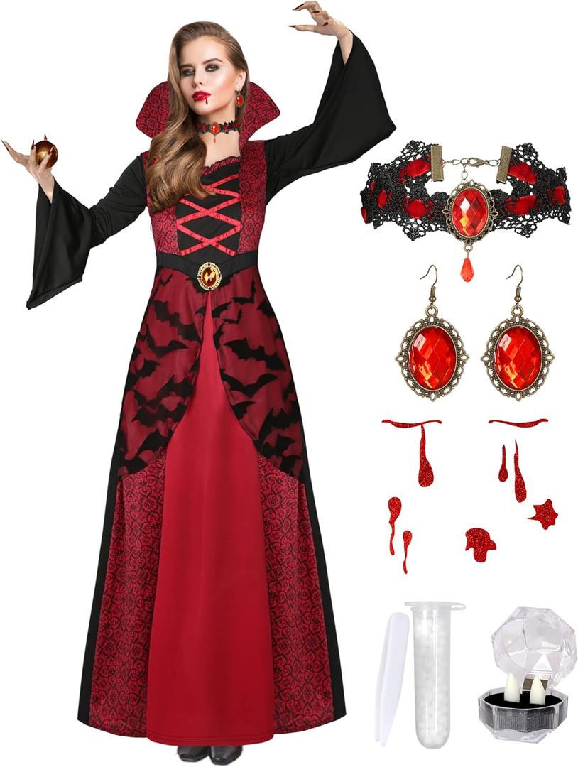 Vampire Costume for Women with teeth Accessories Gothic Vampire Dress Halloween Witch Costume Adult (Medium, Red)