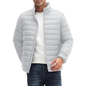 WHN Men Puffer Jacket Coat Lightweight Winter Waterproof Windproof Stand Collar Full Zipper Coats with 3 Pockets (Gray, XXL)