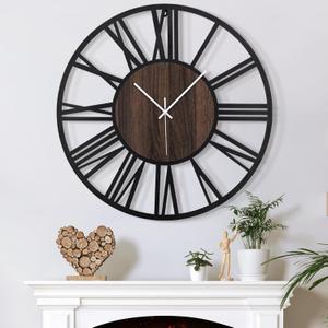 Large Wall Clock for Living Room Decor, 16 Inch Non Ticking Silent, Battery Operated Modern Vintage Oversized Wall Clock for Bedroom Kitchen (Dark Brown - Roman Numbers)