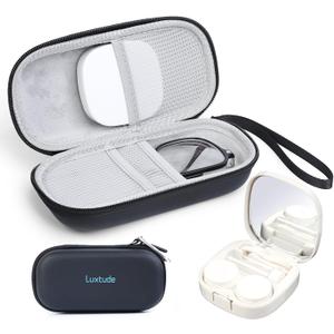 Luxtude Contact Lens Case, Glasses and Contact Case 2 in 1, Hard Shell Travel Contacts Cases with Mirror, Double Eyeglass Cases (Black)