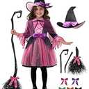Spooktacular Creations Child Girl Pink Purple Witch Costume, Toddler Witch Outfit Set with Broom for Kids Halloween Dress Up Parties (Toddler (3-4 Yr))