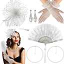 Mototo 6 Set Fascinator Hats for Women Tea Party Gloves Set Include Mesh Hats Lace Gloves Pearl Necklace Earring for Women (White, S)