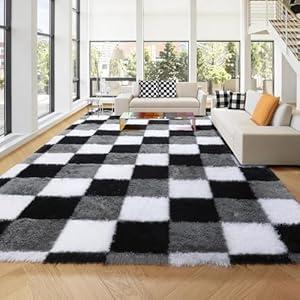 KICMOR 8x10 Area Rugs for Living Room, Large Fluffy Soft Black White Grey Checkered Shag Shaggy Bedroom Carpet, Big Fuzzy Plush Floor Rug for Kids Boys Girls Room Dorm Nursery Home Decor Aesthetic (Color: Black / White / Grey)