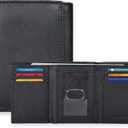 Real Leather Mens Trifold Wallet RFID Blocking Slim Minimalist Front Pocket - Thin & Stylish with ID Window in Gift Box (Classic Black)