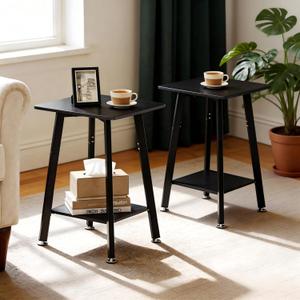 King Oasis 2-Tier Small Side Table for Living Room, End Table with Storage Shelf, Wood & Metal Bedside Table Nightstand for Small Spaces, Sturdy Sofa Side Table for Bedroom, Matte Black 2pcs