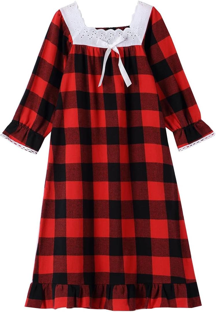 Girls Cotton Red Plaid Nightgowns Sleepwear Sleep Dress Kids Princess Pajamas Long Sleeve Christmas (11-13 Years)